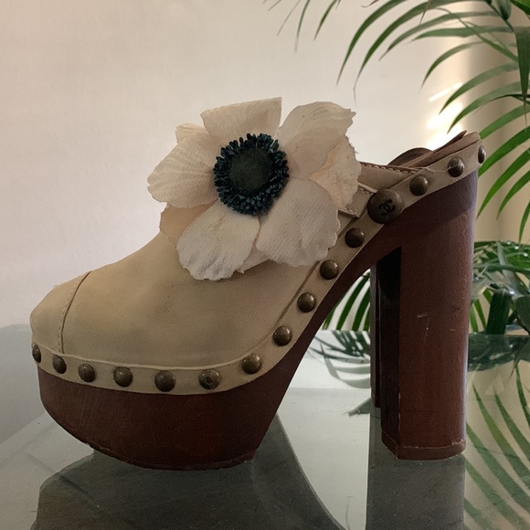 CHANEL Studded Floral High Heel Clog Sandals - Picture 3 of 14